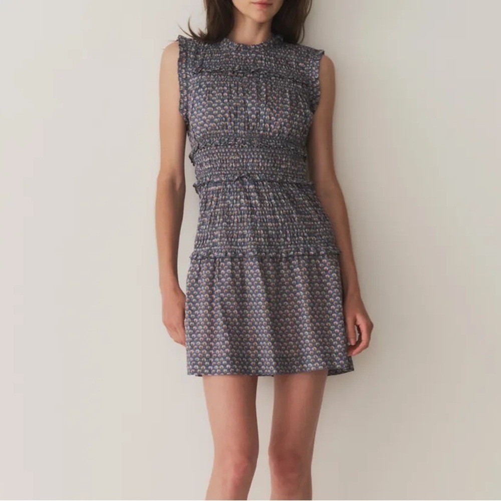 NWT Doen Tracie Cotton Smocked Ruffle Sleeve A Line Mini Dress Dahlia Ikat Blue